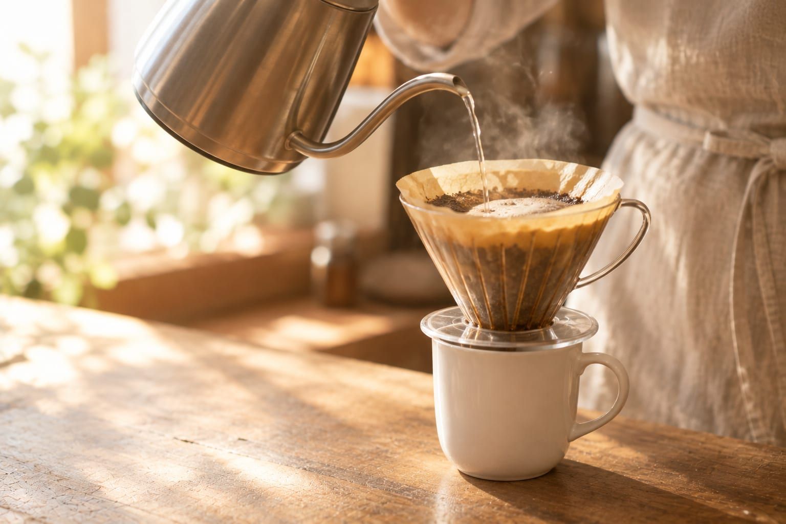 細い注ぎ口のケトルから、ドリッパーにお湯を注いでコーヒーをいれているところ